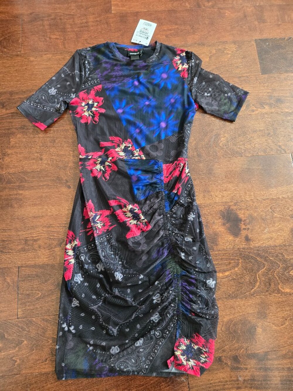 NWT Desigual Floral Patchwork Ruched Tulle Mesh Dress - Size XXS